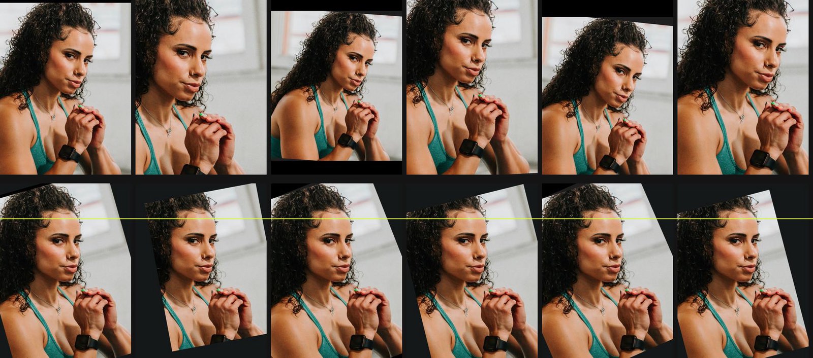 Six photos de suivi d'une même personne : en haut telles que prises, cadrages et angles différents ; en bas recadrées et alignées sur une même ligne des yeux.