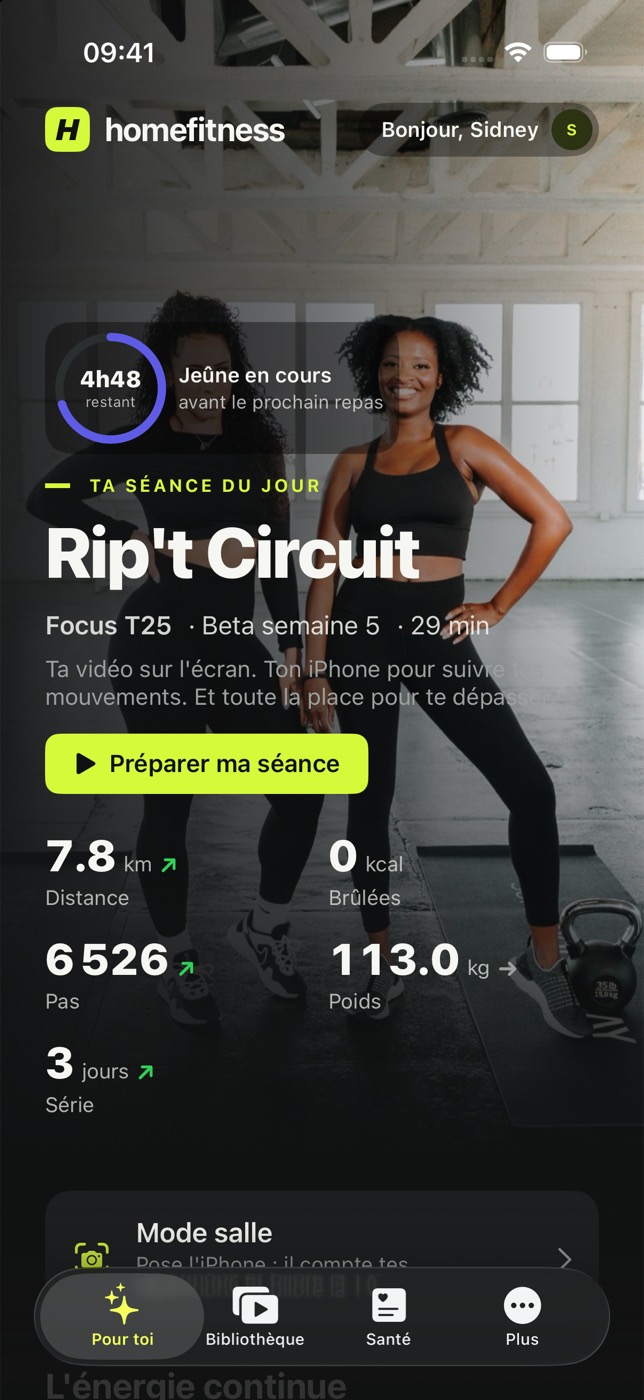 L'accueil de homefitness sur iPhone, avec l'accès au Mode salle.