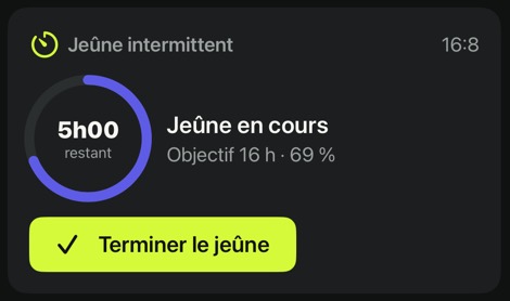 Carte Jeûne intermittent 16:8 : 5 h restantes, objectif 16 heures atteint à 69 %, bouton Terminer le jeûne.