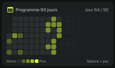 Carte Programme 90 jours, jour 64 sur 90 : une grille de cases plus ou moins vertes selon la séance et les pas de chaque journée.