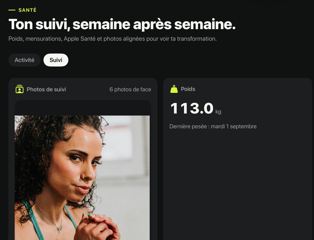 Écran Santé › Suivi sur Apple TV : photos de suivi et dernière pesée à 113 kg.